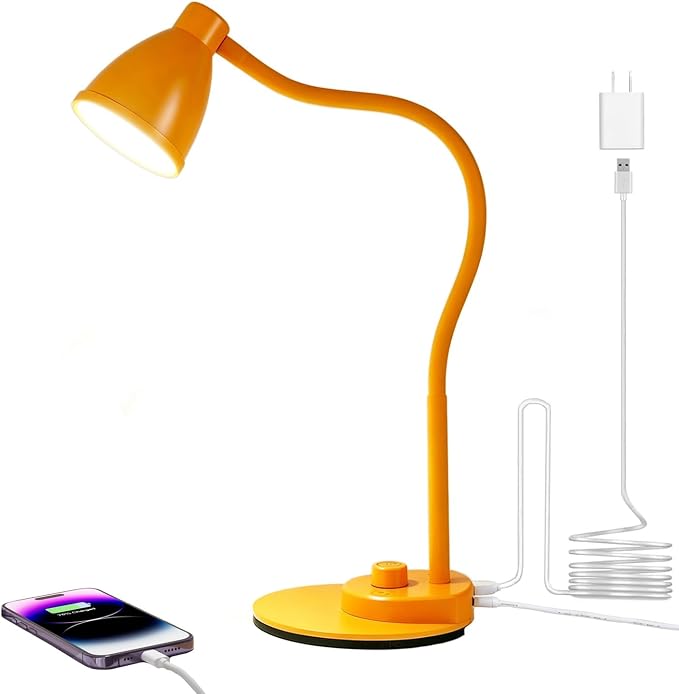 BOHON LED Desk Lamp with USB Charging Port 3 Color Modes Fully Dim, Yellow | Reading Lamp, Auto Dimming Task Lamp, Flexible Neck Table Light for Home Office Dorm Bedside, Bright Yellow by BOHON