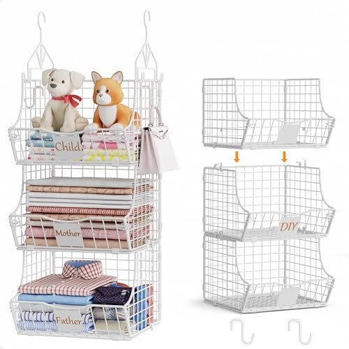 Hanging Closet Organizers and Storage, 3 Tier Closet Shelf Clothes Organizer with 2 S-Hooks, Multi-Functional Iron Wire Baskets, for Clothing, Sweaters, Handbags, Hat, Canned by Unknown