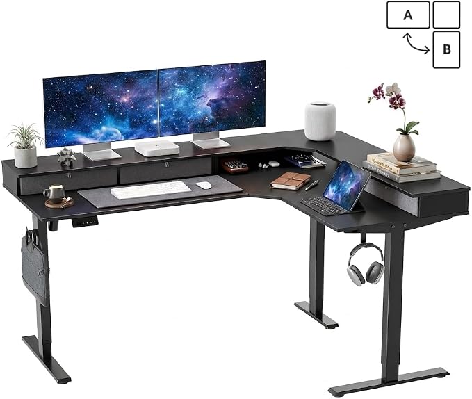 CubiCubi 63x48 Inches L Shaped Standing Desk with 3 Drawers and Monitor Shelf, Height Adjustable Corner Computer Desk with Hooks, Sit Stand Up Ergonomic Home Office Workstation Table, Black by CubiCubi