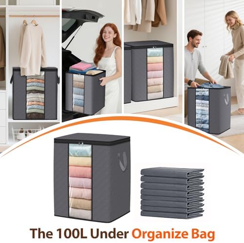 SpaceWhisper 8 Pack 100L Clothes Storage, Foldable Storage Bags, Grey | Thick Fabric, Clear Window, with Reinforced Handle, for Clothing, Blanket, Comforters, Bedding Organizing - Image 6