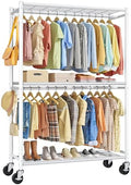 Sakugi Clothes Rack - Double Hanging Rod Clothing Rack with Wheels & Leveling Feet, Large Capacity Wardrobe Closet with Shelves for Bedroom, Laundry Room, Entryway, 45.2" x 12.6" x 80.7", White by Sakugi
