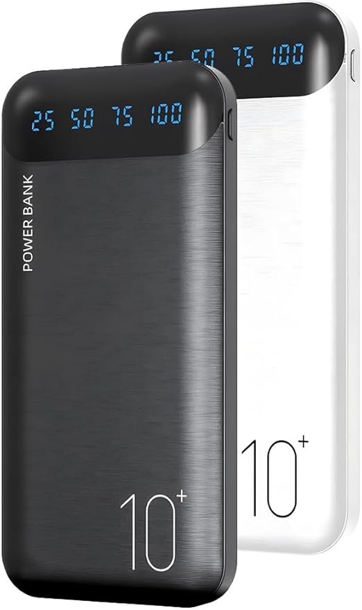 Power Bank 10000mAh Portable Charger Slim Battery Pack with 2 USB 2.4A Outputs and USB C In/Out Compatible with Huawei iPhone 16 15 14 13 12 iPad Samsung Galaxy S20 Android Tablet (Black + White) by YOBON