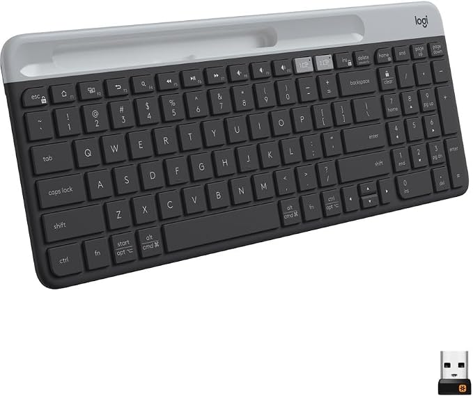 Logitech K585 Slim Wireless Keyboard with Built-in Phone Cradle - Graphite | Bluetooth with included USB receiver, connects 2 devices, cradle can hold smartphone or tablet up to 10 in. in landscape mode - Image 4
