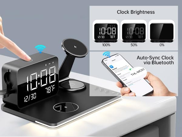 7-in-1 Magnetic Wireless Charging Station with Digital Clock & LED Lamp | 65W Power Adapter, 25W Fast Charging, 6-Device Charging Hub, Rotatable Stand, Bluetooth TimeSync, Qi Magsafe Compatible - Image 11