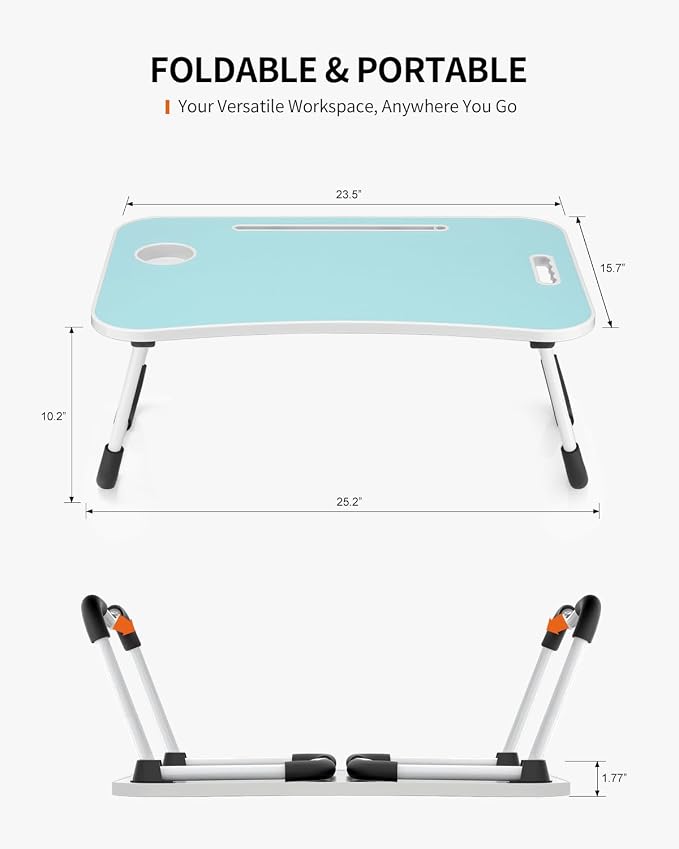 FISYOD Foldable Laptop Table, Portable Lap Desk Bed Table Tray, Laptop Stand with Cup Holder & Tablet Slot & Lifting Handle for Working Writing Drawing & Eating (Blue) - Image 6