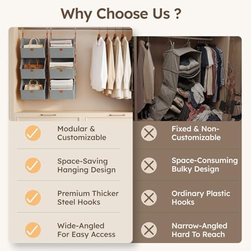 Homsorout Hanging Closet Organizer 4 Tier - Clothes Hanging Shelves, Space-Saving Closet System, Fabric Storage Bins Bedroom Organization, Collapsible Baskets for Home, Dorm, Rv, Grey, 8 Pack - Image 3