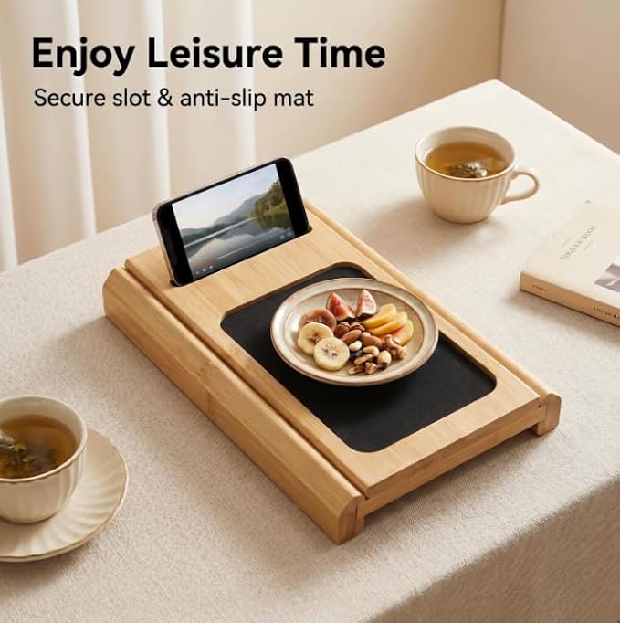 Foldable Sofa Couch Armrest Tray Wooden Anti-Slip with Phone Holder - Image 7