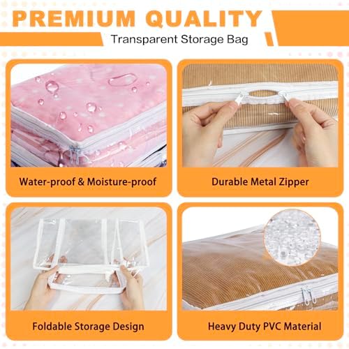 Clear Zippered Plastic Clothes Storage Bags, 6 Pack, White | Clear Storage Bags with Zipper Plastic Storage Bags for Clothes Sweaters Blankets Sheets, Size: 18 x 15 x 9 Inch - Image 3