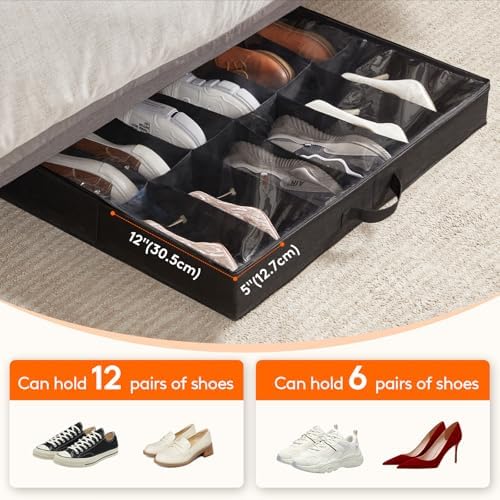 Lifewit Under Bed Shoe Storage Organizer 2 Pack(12 Shoes Cells+4 Boots Cells), 4.3 Inches Profile Fabric Shoes Container Box with Clear Cover, Foldable Storage Bag with 2 Handles, Fits 20 to 32 Pairs - Image 4