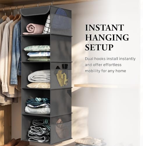 Simple Houseware 5 Shelf Hanging Closet Organizer, Dark Gray | 360° Rotating Dual Hooks, Top Support Metal Frame, 6 Side Mesh Pockets - Image 6