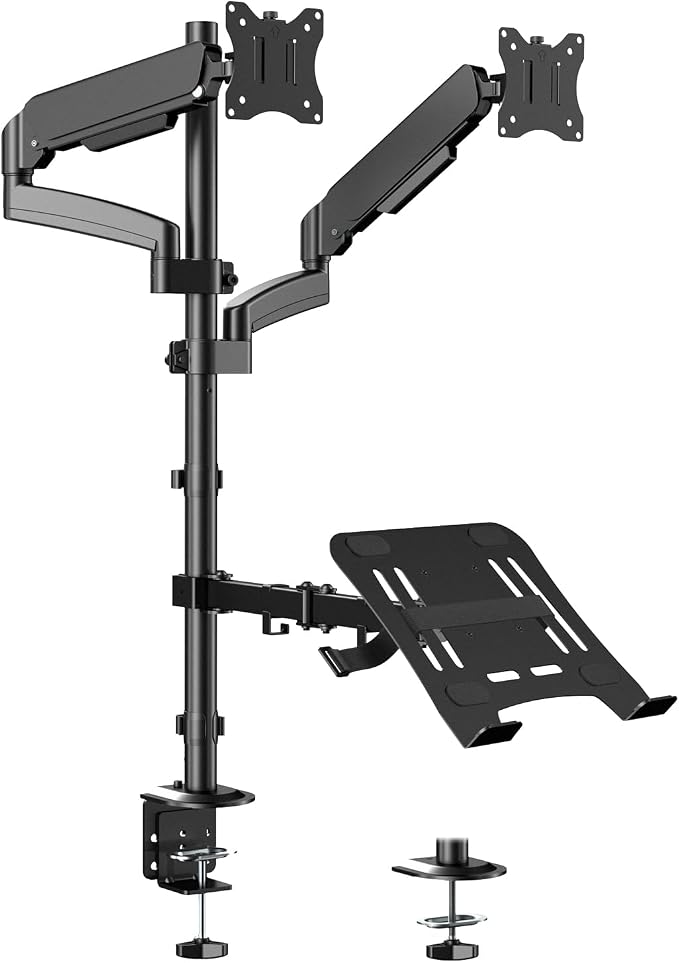 Dual Monitor and Laptop Desk Mount fits 17-32 Inch with Gas Spring | Full Motion, Extra Long Pole, 19.8 lbs Per Arm, Adjustable Stand, C-Clamp & Grommet, VESA 75/100 mm, Black by STANDOPIA