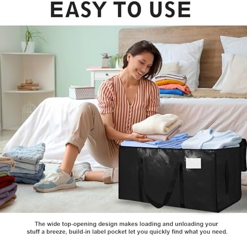 12 Pack-Extra Large Heavy Duty Moving Bags - Waterproof Storage Totes with Handles & Zippers, Foldable for College Dorm, Storage (Black) - Image 6