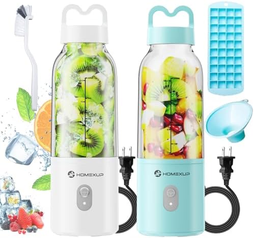 2PCS Portable Personal Blender 17 OZ/500 ML Juicer, 175W Personal Size Blender, Ideal for Smoothies, Ice Blending, Juicing, and Food Processing, Compact, Convenient, and Versatile（Blue&White） by HOMEXUP