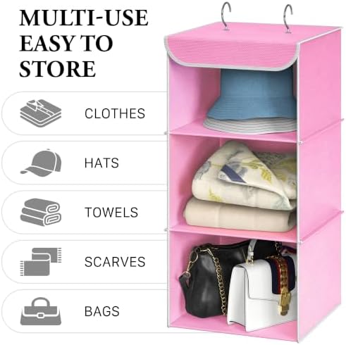 Simple Houseware 3 Shelf Hanging Closet Organizer, Pink | 360° Rotating Dual Hooks, Top Support Metal Frame - Image 5