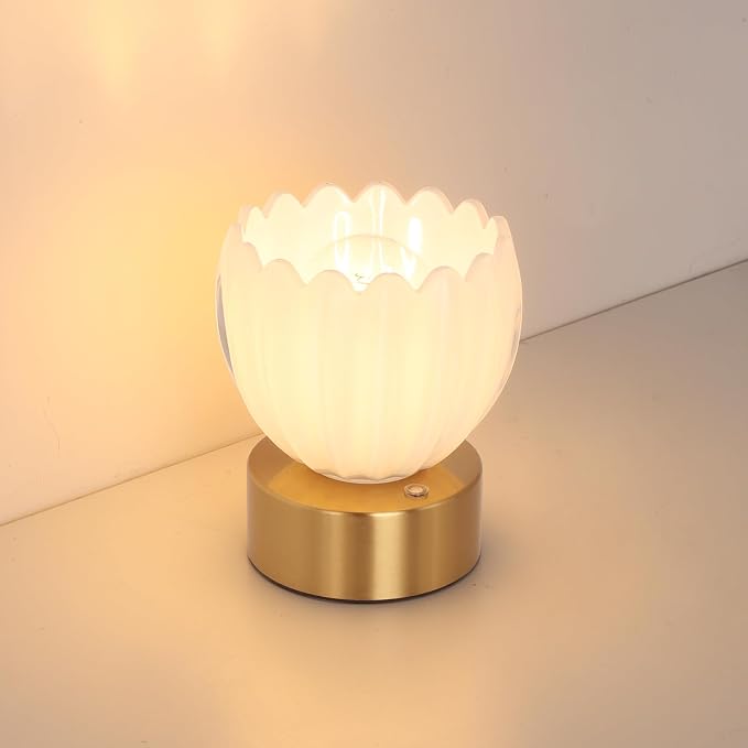 Shenmoyl Cordless Small Table Lamp with 5200mAh Battery & Touch Control, Battery Operated Tulip Table Lamp with 3 Colors, Rechargeable Mini Table Lamps for Bedsides, Bedroom, Nightstand (White) by Shenmoyl
