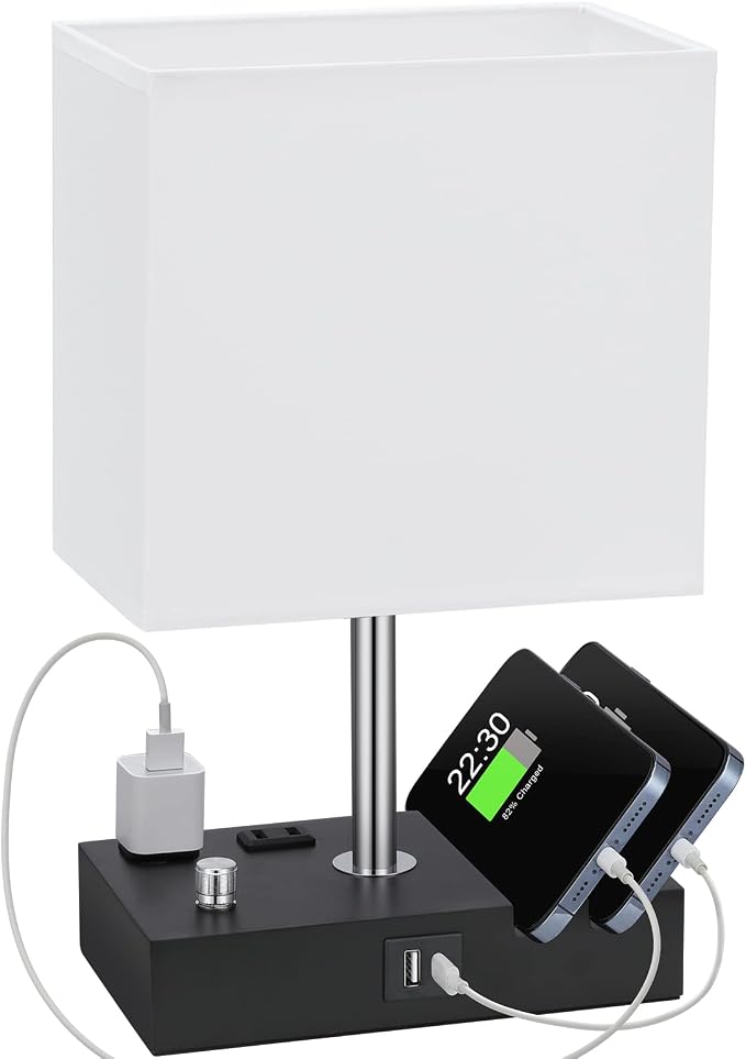 White Table Lamp for Bedroom - Stepless Dimmable, USB C+A, 2 AC Outlets | Dimming By Rotary Knob, USB C+A Ports, 2 Phone Stands, LED Bulbs Included, Rectangle White Lampshade, for Living Room, Desk by KakanuoLightings