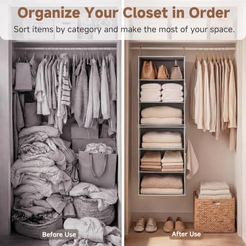 StorageWorks Hanging Closet Organizer, 6-Shelf with 2-in-1 Design, Ivory | Maximize Closet Space with Reinforced Shelves, Small Closet Storage Solution for Bedrooms, Dorms and RVs, Jumbo - Image 4