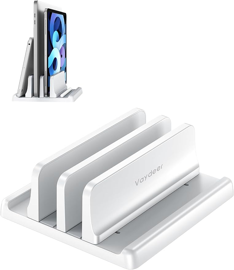 Vaydeer Vertical Laptop Stand for Desk, Dual Slots Plastic Laptop Holder Organizer with Space Saving 4-in-1 Design, Adjustable Laptop Stand Storage Supports MacBook, Chromebook, Surface, Dell (White) by Vaydeer