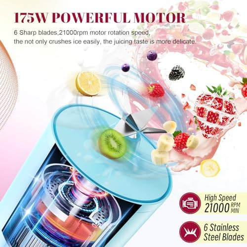 2PCS Portable Personal Blender 17 OZ/500 ML Juicer, 175W Personal Size Blender, Ideal for Smoothies, Ice Blending, Juicing, and Food Processing, Compact, Convenient, and Versatile（Blue&White） - Image 6