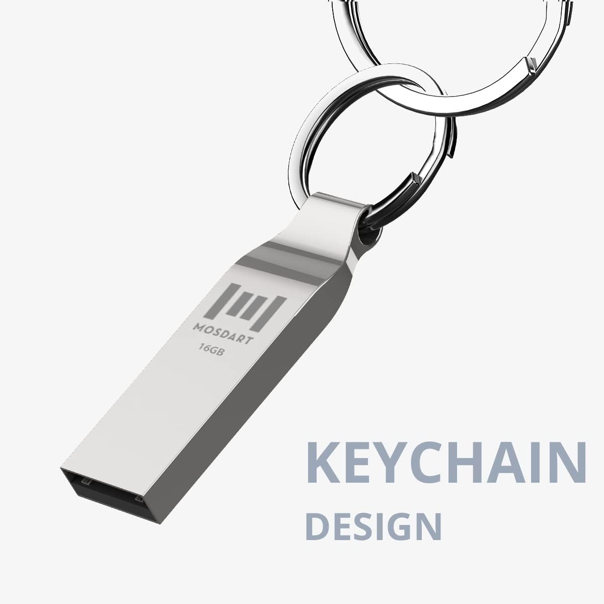 MOSDART 16GB Metal USB 2.0 Flash Drive Waterproof with Keychain, Silver - Image 3