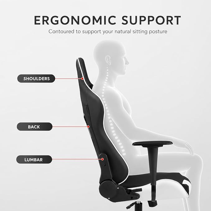 BestOffice Gaming Chair Desk Chair Ergonomic High Computer Chair with Adjustable Lumbar Support, Armrests, and Racing-Inspired Design for Office and Home Use (White) - Image 6