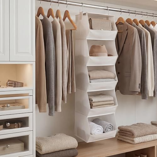 StorageWorks Basics Hanging Closet Organizer, Foldable Storage Organizer | 5-Shelf Wide Trapezoid Closet Shelves with Reinforced Anti-Sagging Support for Sweaters, Hoodies and Handbags, Beige - Image 2