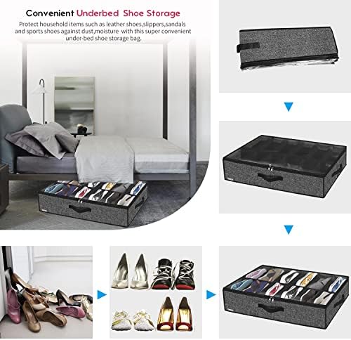 Onlyeasy Under Bed Shoe Storage Organizer with Sturdy Handles and Clear Window 1 Pack Fits 12 Pairs, Premium Foldable Underbed Shoes Container Box for Closet, Linen-like Black, MXAUBSB1P - Image 6