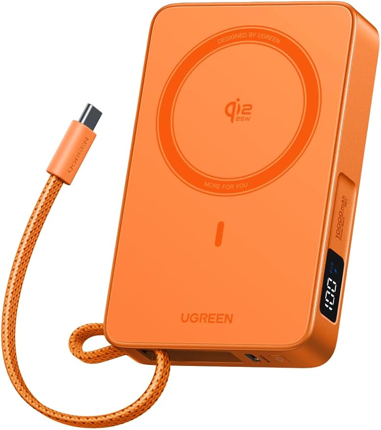 UGREEN MagFlow 10000mAh Qi2 25W Wireless Power Bank Built-in Cable | Qi2 25W wireless, built-in cable, 30W PD wired. MagSafe compatible. Orange for iPhone 17/12 by Unknown