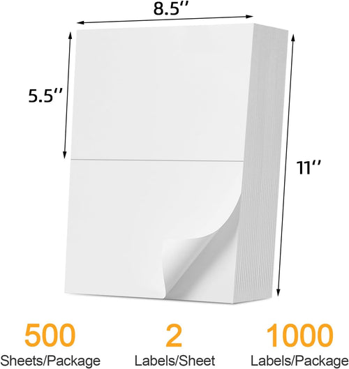 (1000 Labels/500 Sheets)Labelebal Half Sheet Self Adhesive Shipping Labels for Laser & Inkjet Printers, 8.5" x 5.5" Shipping Mailing Labels, 2 Per Page Shipping Labels, 5 1/2 x 8 1/2 Half Sheet Labels - Image 2
