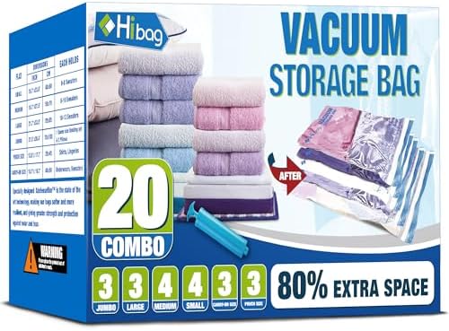 Vacuum Storage Bags, Space Saver Vacuum Seal Storage Bags 20-Pack Sealer Bags for Clothes, Clothing, Bedding, Comforter, Blanket (20C) | Various Size, Airtight Triple Seal, Save 80% Space, Hand Pump, Work with Vacuum, Double Zip, Reusable, Easy to Use by HIBAG