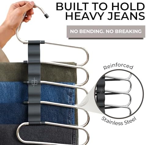 MORALVE Pants Hangers Space Saving - 2 Pack - Non-Slip Multi-Layer Space Saving Hangers - Multifunctional Clothing Rack for Closet Storage - Ideal for Jeans, Trousers, Skirts, Scarves & Slacks (Black) - Image 4