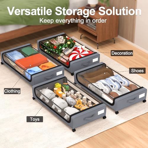 GoMaihe Under Bed Storage with Wheels 48L Grey 4-Pack | Underbed Storage Containers with Lids Rolling Bins for Shoes Clothes in Dorm Bedroom - Metal Drawers Easy Pull-out - Image 6