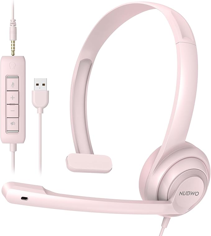 NUBWO HW02 USB Headset with Microphone Noise Cancelling & in-line Control | Ultra Comfort Computer Headphones for Laptop pc, On-Ear Wired Office Call Center Headset for Boom Skype Webinars (Pink) by NUBWO