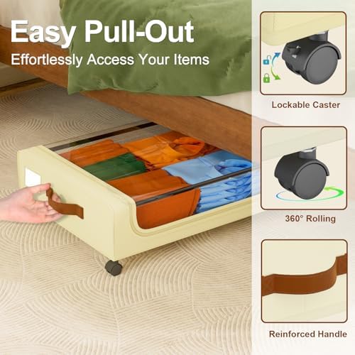 GoMaihe Under Bed Storage with Wheels 48L Beige 4-Pack | Underbed Storage Containers with Lids Rolling Bins for Shoes Clothes in Dorm Bedroom - Metal Drawers Easy Pull-out - Image 2