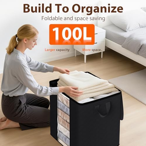 SpaceWhisper 8 Pack 100L Clothes Storage, Foldable Storage Bags, Black | Thick Fabric, Clear Window, with Reinforced Handle, for Clothing, Blanket, Comforters, Bedding Organizing - Image 5