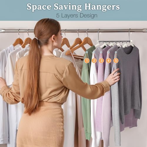Space Saving Shirt Hanger 5 in 1 Non Slip Coat Hanger Beige 4 Pack | Multi Shirt Hanger, Stainless Steel, Eva Foam Padded, 2 Ways to Hang, Easy Access, Wrinkle Free, Closet Space Saver - Image 4