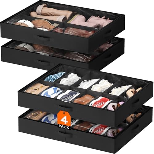 Lifewit Under Bed Shoe Storage Organizer 2 Pack(12 Shoes Cells+4 Boots Cells), 4.3 Inches Profile Fabric Shoes Container Box with Clear Cover, Foldable Storage Bag with 2 Handles, Fits 20 to 32 Pairs by Lifewit