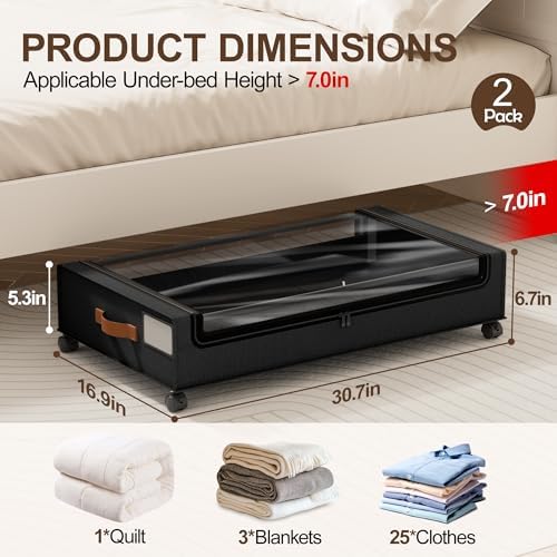LAMU Under Bed Storage with Wheels, 2Pack Underbed Storage Containers,Black | Smooth-rolling Wheels, Clear Lid & Label, Sturdy Metal Frame, Easy Install, Rolling Storage Drawers for Clothes, Shoes, Toys - Image 2