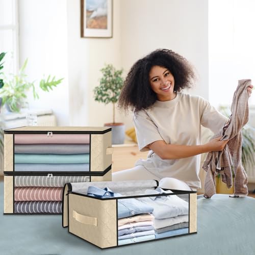 HomeHacks 8-Pack Clothes Organizer Storage Bags, 35L Storage Bins, Beige | Foldable Storage Box Container with Zippers, Clear Window, Reinforced Handles for Closet, Dorm, Pillows, Bedding, Sweater - Image 7