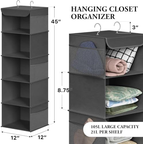 Simple Houseware 5 Shelf Hanging Closet Organizer, Dark Gray | 360° Rotating Dual Hooks, Top Support Metal Frame, 6 Side Mesh Pockets - Image 2