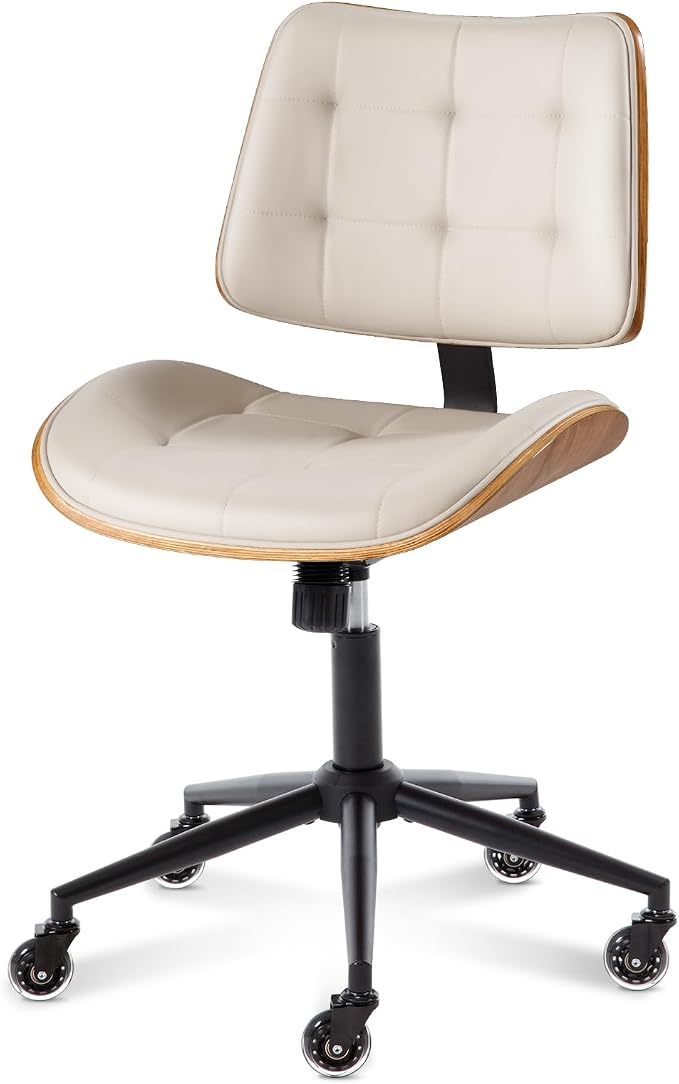 Home Office Desk Chair with Rubber Wheels, Armless Bentwood, Beige | Adjustable Height Armless Office Chair, PU Leather Mid Back 360°Small Computer Chair, No Arms Walnut Seating, 300LBS Support - Image 8
