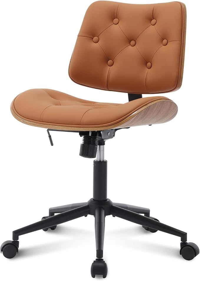 Armless Home Office Chair in Button Style, PU Leather Small, Brown | PU Leather Adjustable Height Computer Desk Chair, 360 Swivel Small No Arms Office Seat, Walnut Design Stool, 300LBS Cap - Image 8
