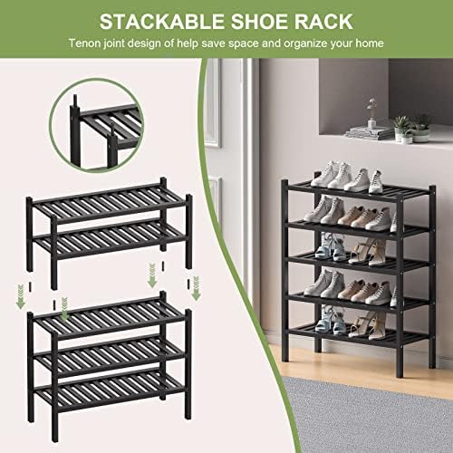 ROMGUAR CRAFT 2 Tier (Thick) Bamboo Shoe Rack for Closet Free Standing Wood Shoe Shelf for Entryway Small Space Stackable 27"x12"x14" (Black) - Image 5