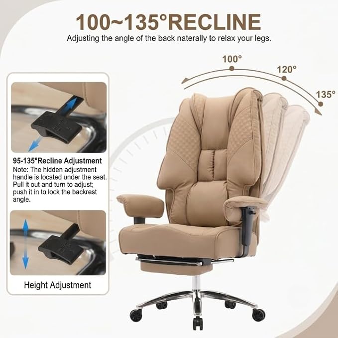 EXCEBET Big and Tall Office Chair 400lbs Wide Seat, Leather High Back Executive Office Chair with Foot Rest, Ergonomic Chairs Lumbar Support for Lower Back Pain Relief, All-Day Comfort (Brown) - Image 3