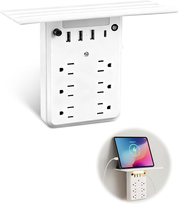 Saker Outlet Extender with Night Light, 6 AC, 4 USB, Surge Protector | 6 AC Outlets + 4 USB Ports, Built-In Night Light, Surge Protection, Convenient Outlet Shelf, 1 USB-C Fast Charging Port by Saker
