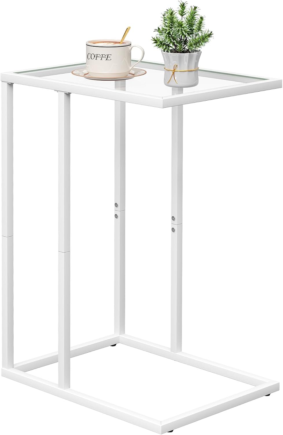 Easy Paws Small C Shaped Table for Sofa,Glass Couch Sofa Tray Snack Table for Living Room, Bedroom,TV Tray Table for Small Space,Accent Coffee Table,Nightstand with Metal Frame(White) by Easy Paws