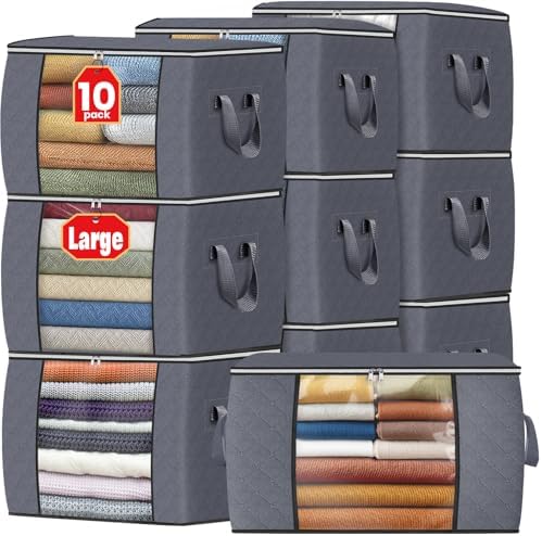 Fab totes 90L Clothes Storage, Foldable Thick Fabric Blanket Storage Bags | Foldable Containers with Zippers,Window and Handles for Organizing Bedroom, Closet, Comforter, Bedding,Dorm essentials by Fabtotes