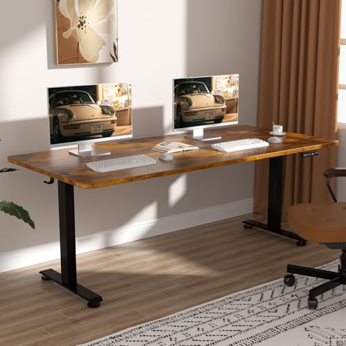 Veken 63 Inch Electric Standing Desk, Height Adjustable Sit Stand Up, Wood Desktop, Work Home Office Computer PC Table, Tall Standup Workstation, Gaming Writing Study Bedroom Rising Desks, Brown by Veken