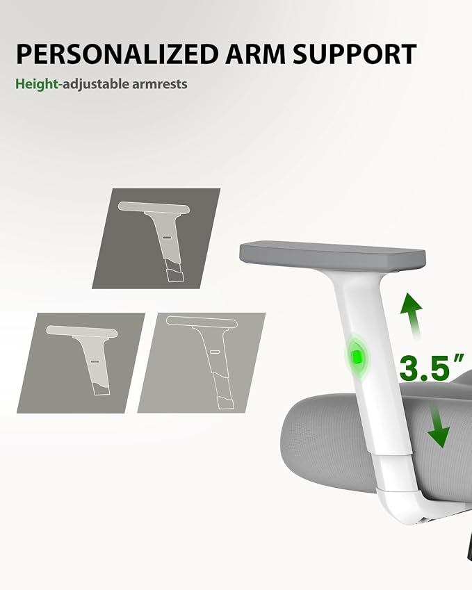 Marsail Ergonomic Office Chair Lumbar Support & Adjustable Armrests, Grey | 2D Headrest, Contoured Seat Cushion, Computer Desk Chair with Wheels for Home and Office - Image 7