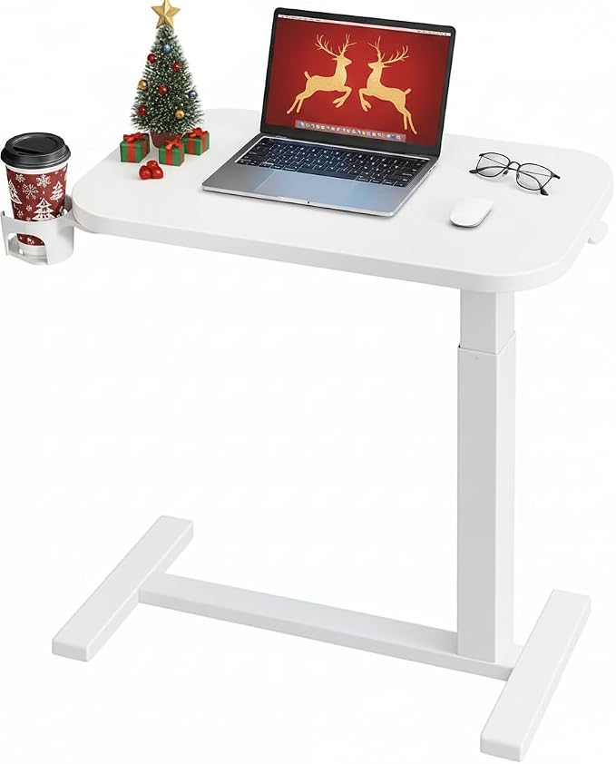 HUANUO 28Inch Bedside Table with Wheels, Height-Adjustable Rolling Computer Cart, Overbed Table with Cup Holder, Pneumatic Laptop Standing Desk for Home Office, White by HUANUO